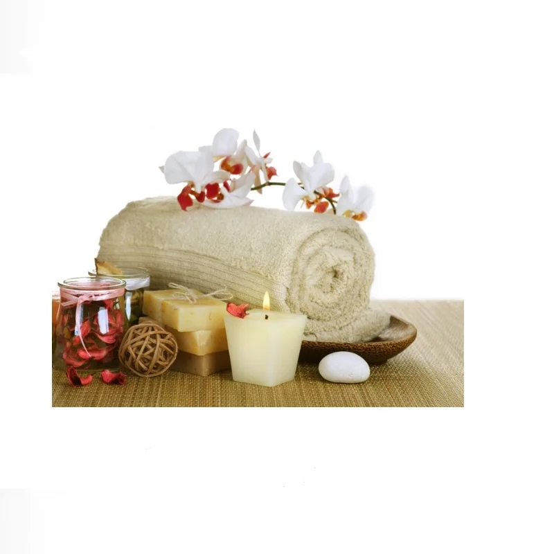 Spa items with orchid, towel, soaps, candle, and stones, Art Print Canvas Poster, Living Room Decor, Home Wall Picture