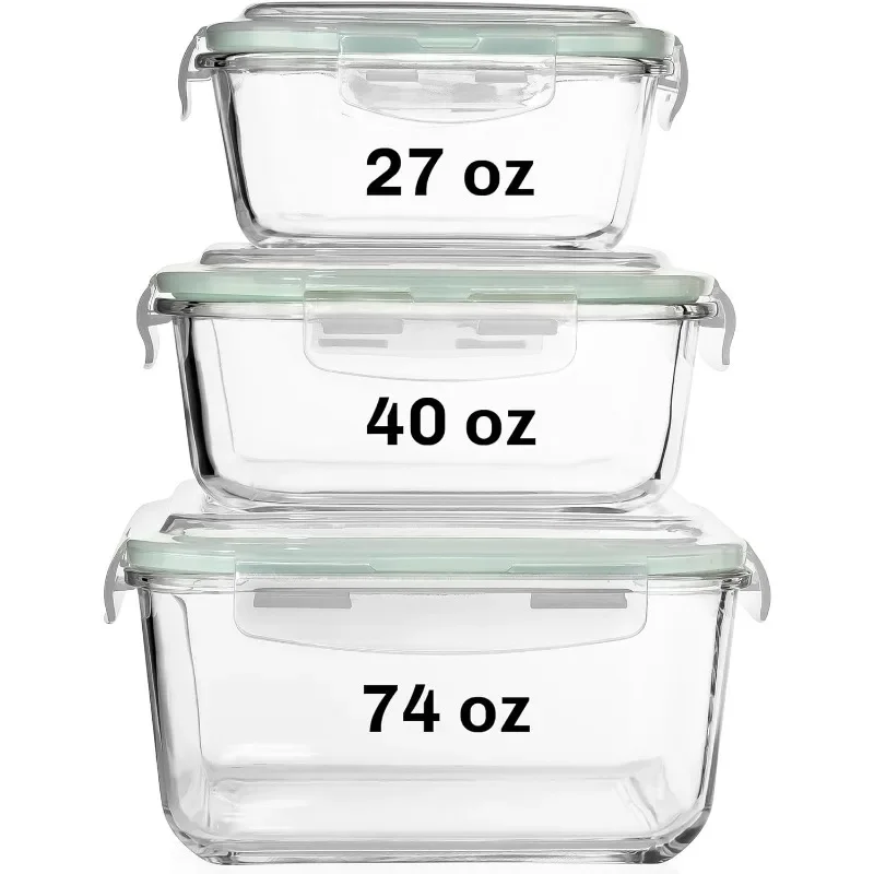 6 PC Square Glass Food Storage Containers with Airtight lids (74, 40 & 27 oz) Kitchen Glass Meal Prep Containers Set for