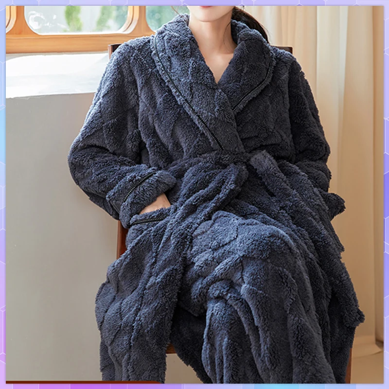 Coral Fleece Long Kimono Robe Women's Warm Bathrobe Solid Hooded Warm Ladies Dressing Gown Thick Long Sleeve Flannel Nightgown