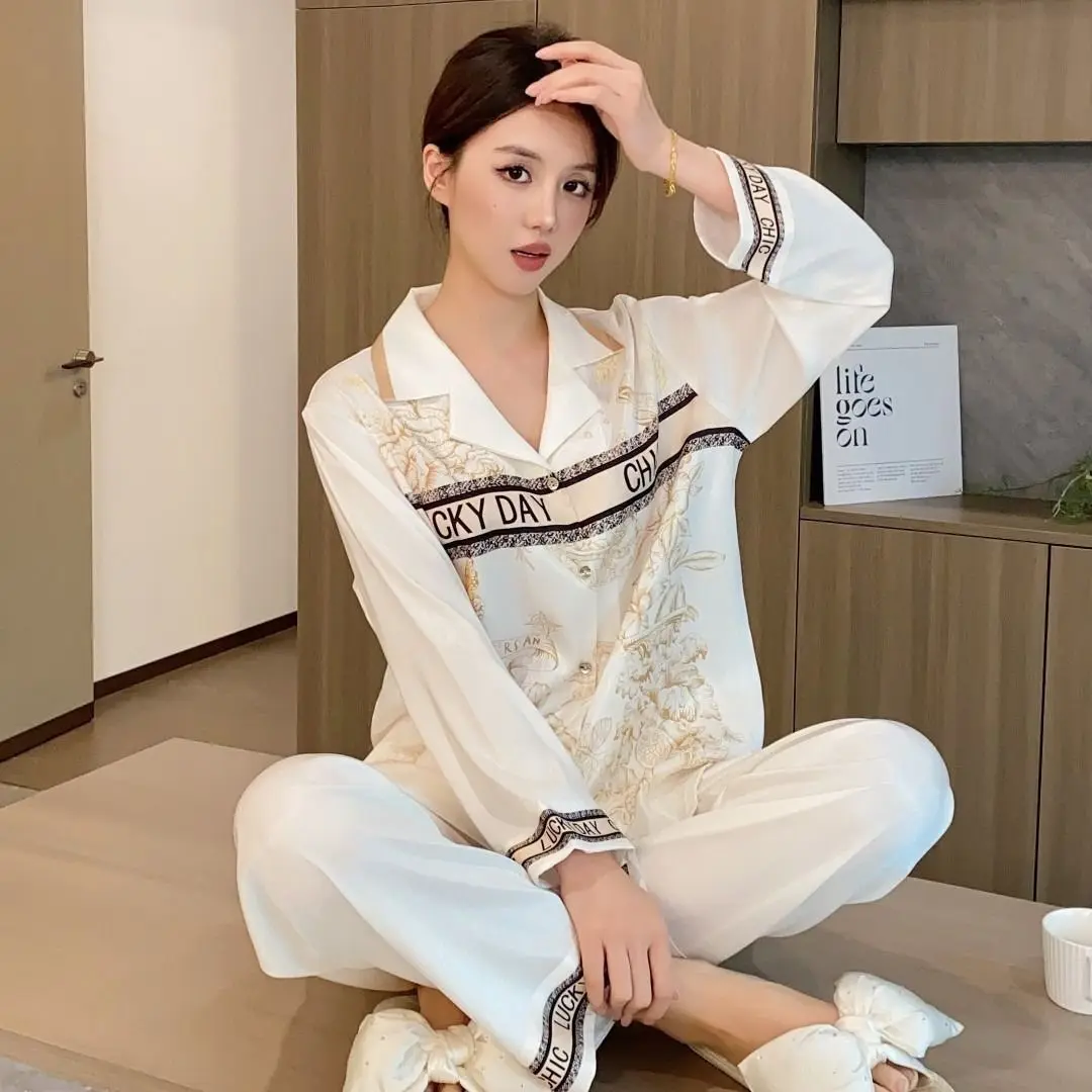 Large Size 100kg  Silk Pajamas for Women Spring and Autumn Pijama Long-sleeved Ice Silk Suit Luxury Flower Loungewear
