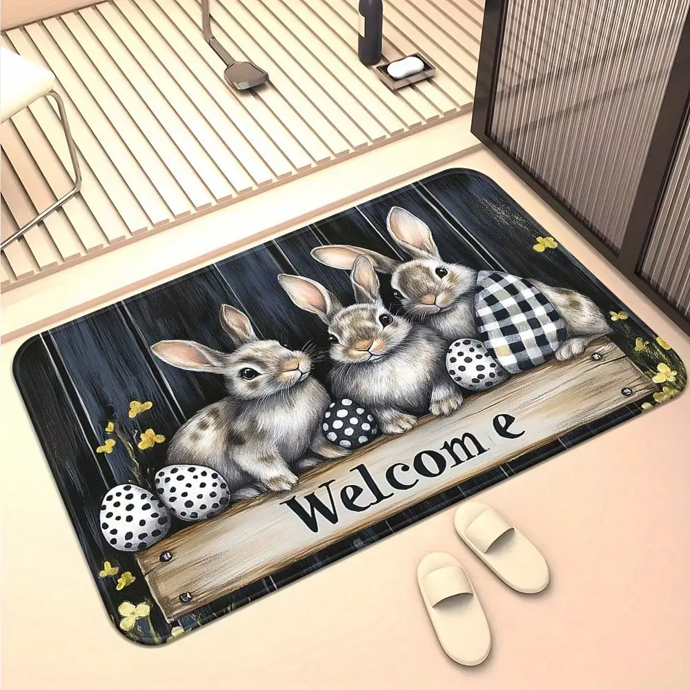 1pc Easter Bunny & Egg Non-Slip Door Mat - Cute HD Printed Design, Absorbent Microfiber Polyester Mat For Indoor/Outdoor Use, Washable, Perfect For Bedroom