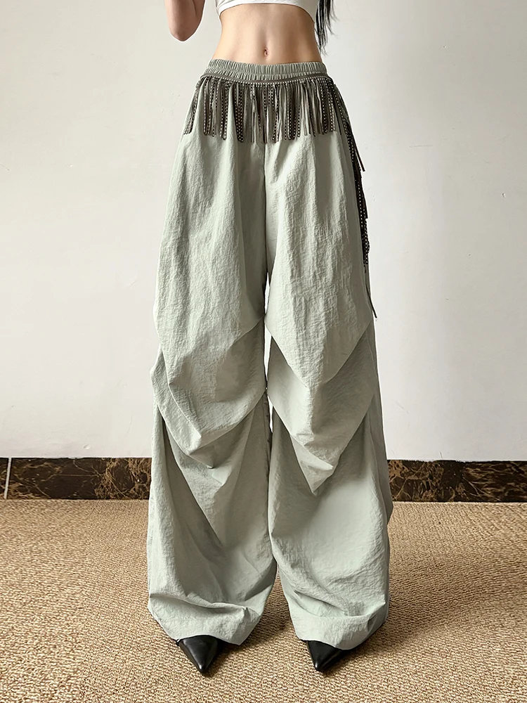 

Повседневные дизайнерские брюки с кисточками и эластичной талией для женщин, модные свободные универсальные простые уличные широкие брюки