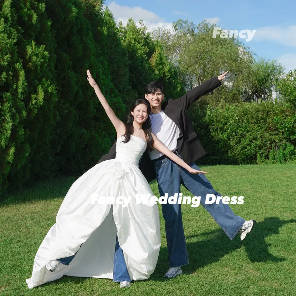Fancy Irregular Strapless Wedding Dress Korea Photo Shoot A Line Taffeta Evening Dress A Line Back Corset Customized