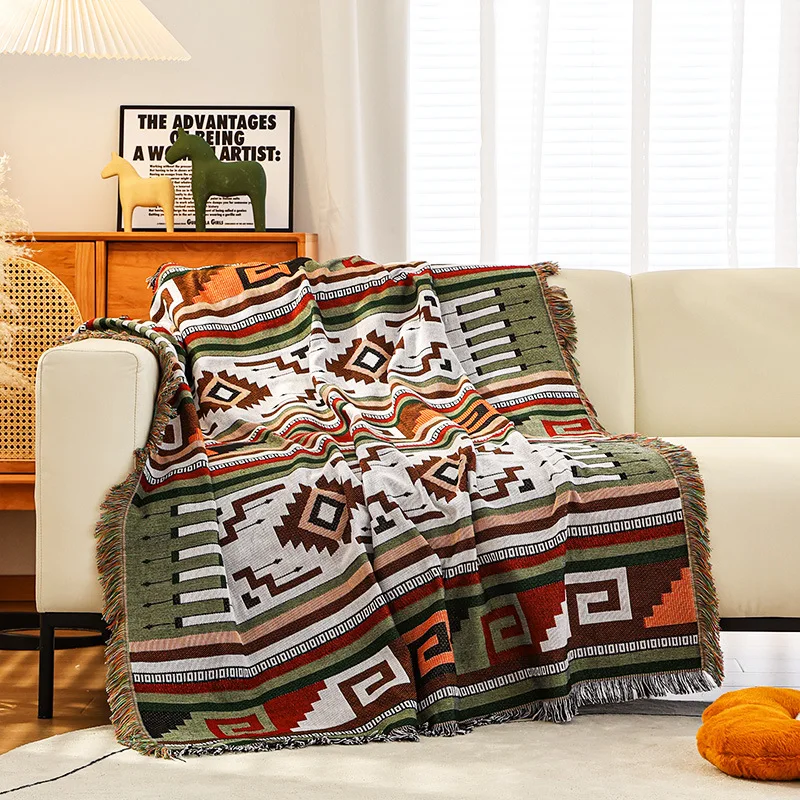 Bohemian Rustic Geometric Pattern Woven Throw for Sofa Couch Chair Two-sided Boho Throw Blanket with Fringe for Bed Home Decor