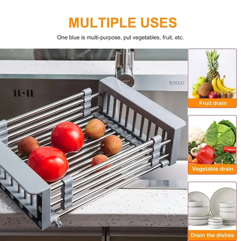 Adjustable Stainless Steel Kitchen Dish Drying Sink Rack Drain Strainer Basket Kitchen Rack Drain Basket Kitchen Accessories