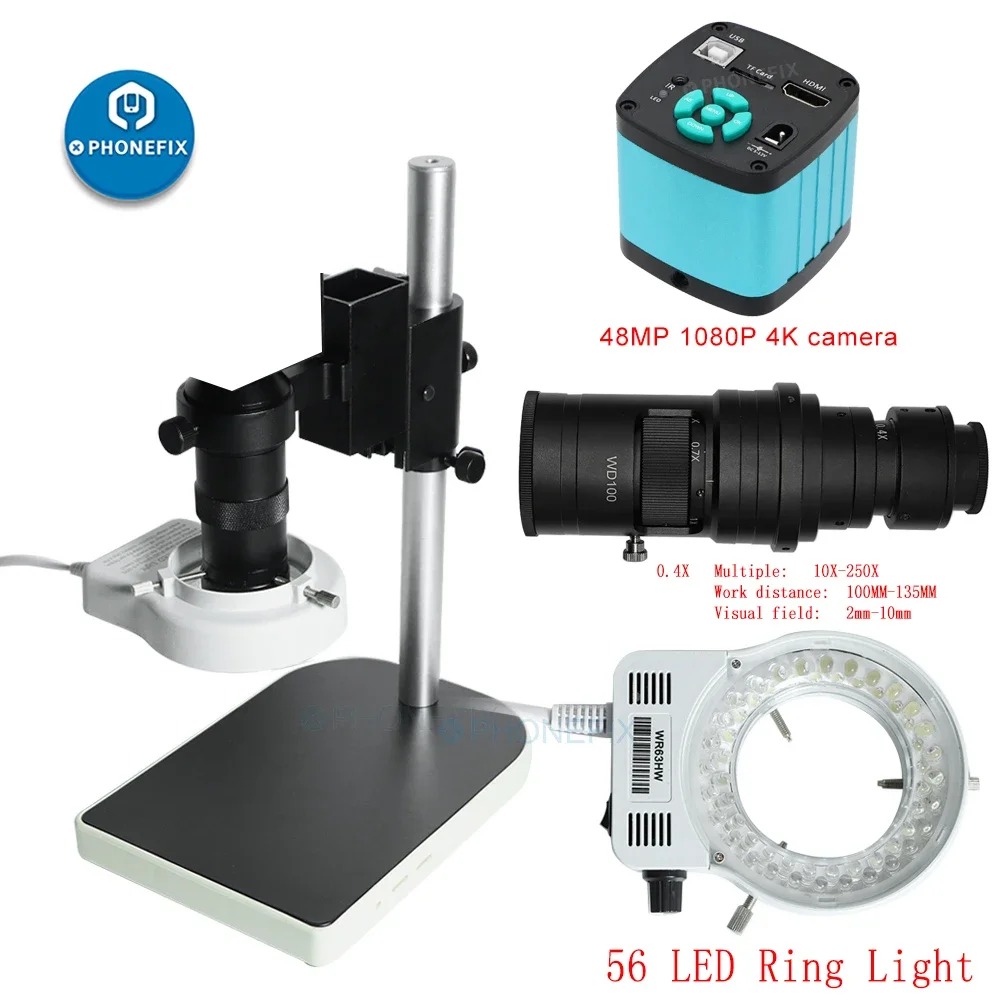 Full HD 38MP 4K USB VGA Digital Industrial Video Microscope Camera 130X C Mount Len 56 LED Lights for Mobile Phone Repair