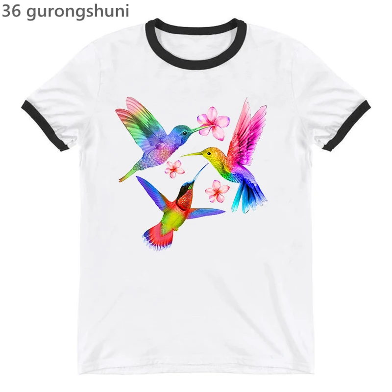 T Shirt Female Hummingbird With Floral Botanical Graphic Print Women'S T-Shirt Fashion Retro Tshirt 90s Girl Tshirt  White Tops