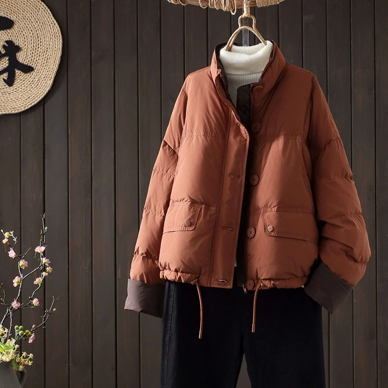 Schinteon 女性ホワイトダックダウンジャケットカジュアルルーズ秋冬生き抜くスタンドカラー韓国スタイルカラーブロックコート 2025 新しい