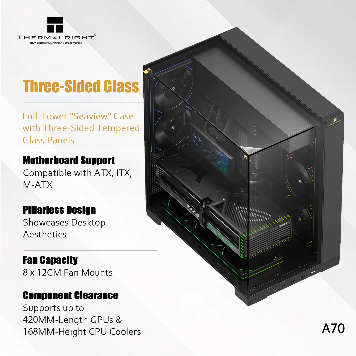 Thermalright A70 Black PC Case Panoramic Three-Sided Tempered Glass Seaview Design with Hidden Tube Layout