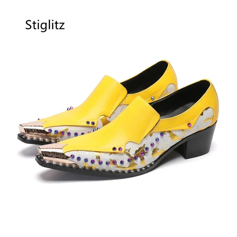 Yellow Print Genuine Leather Shoes for Men Patchwork Metal Toe Rivet Casual Business Shoes with Heels Retro Party Dress Shoes view 6