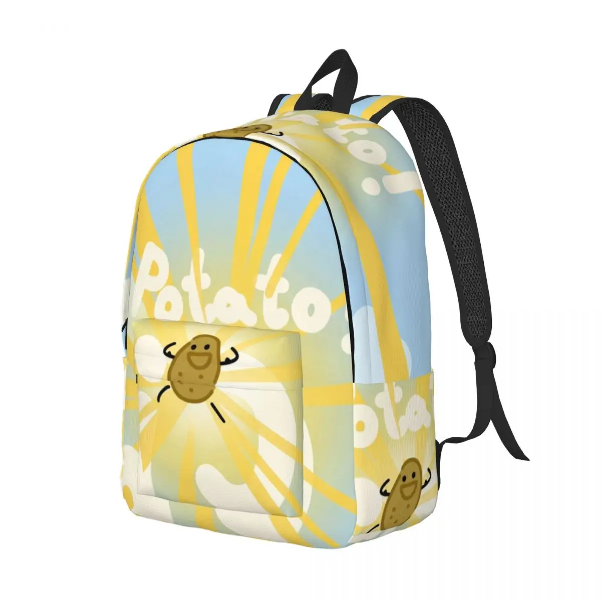 Fresh Student Backpack Center Potato Characters Whimsical Illustration Light Blue Multi Color Lightweight Daypack for School Sky