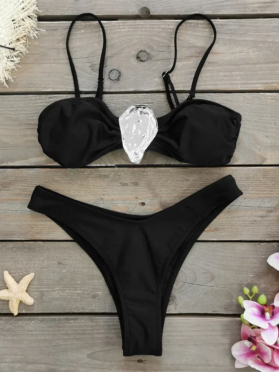 

Sexy Bandeau Bikini 2025 Women Black White Metal Designer Push Up Swimsuit Summer Bathing Suit Holiday Skirt Swimwear Biquini