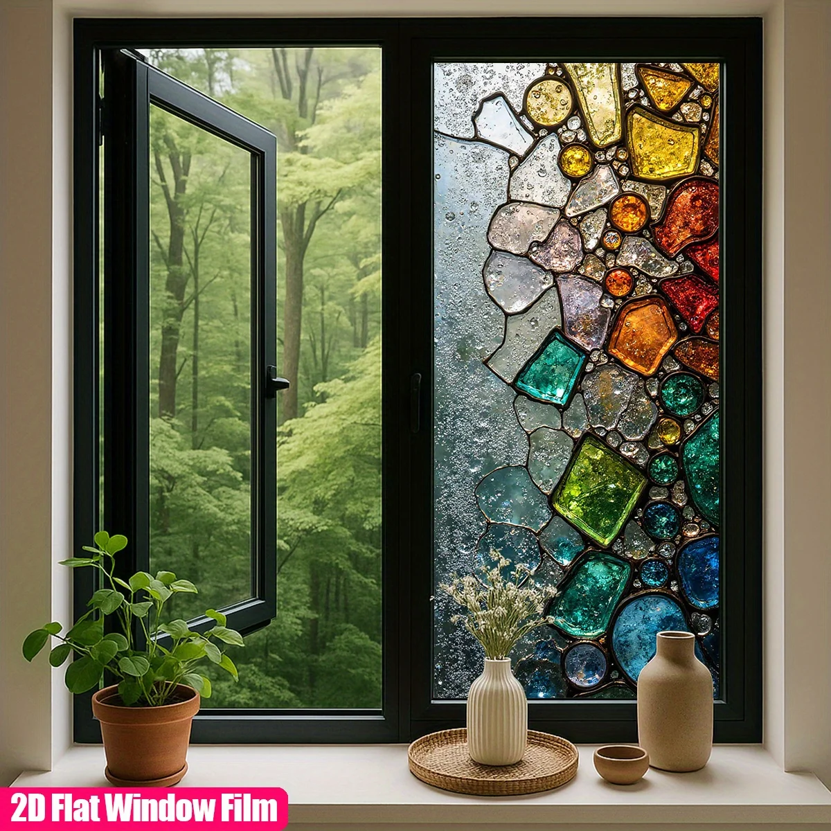 1Pc 2D Flat Static Dust‑Proof Window Film Sticker Creative Colorful Mosaic Glass Pattern
