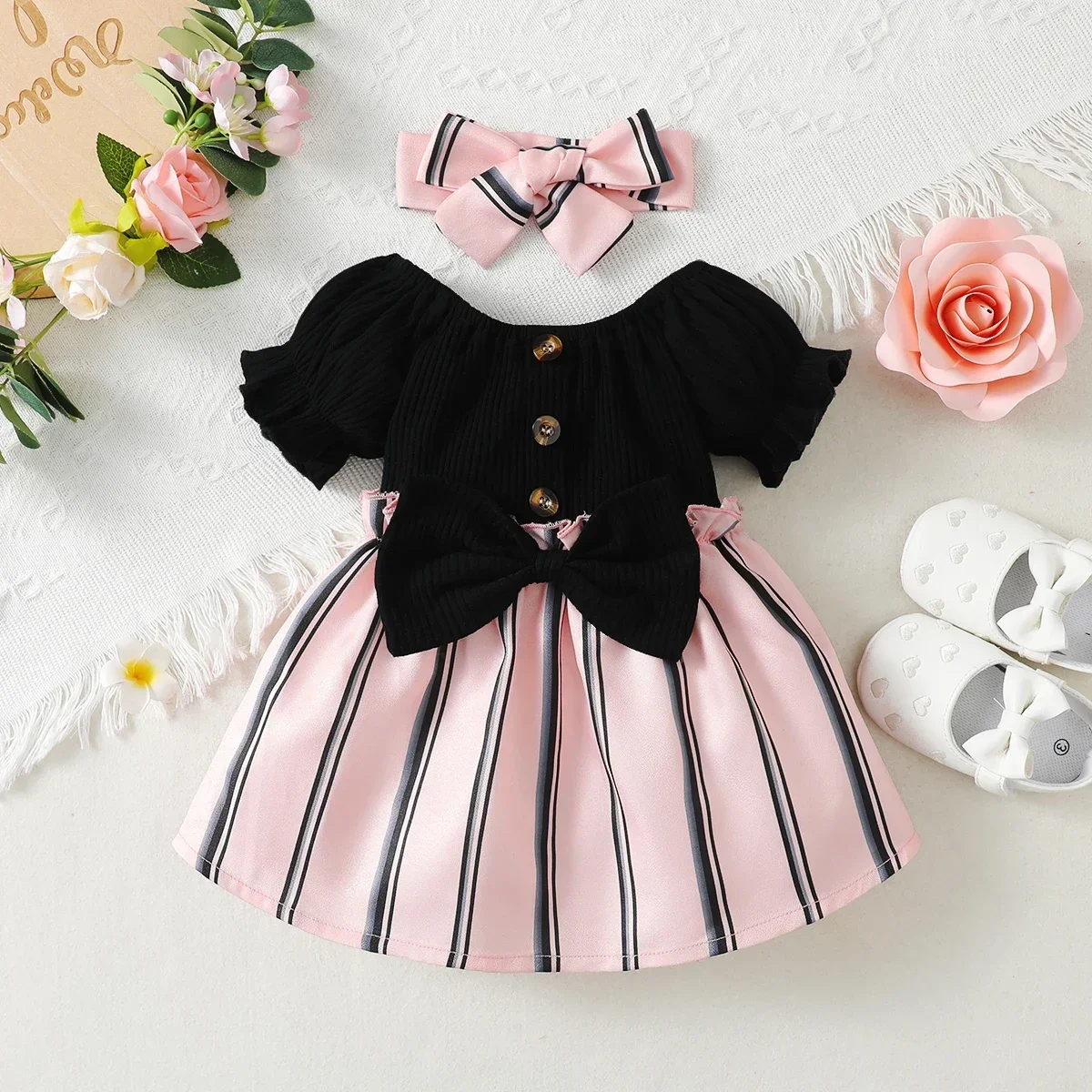 2-Piece Baby Girl Color-Block Striped Patchwork Bowknot Decor Short Puff Sleeve Dress & Headwrap For Babies 3-24 Months