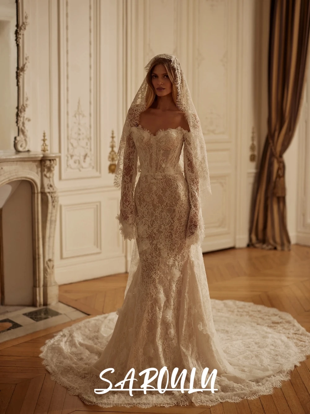 

Stunning Customized Fully Lace Bride Wear Beautiful Floral Mermaid Pearls Wedding Dress Elegant Heart-shaped Neck Sequined Gown