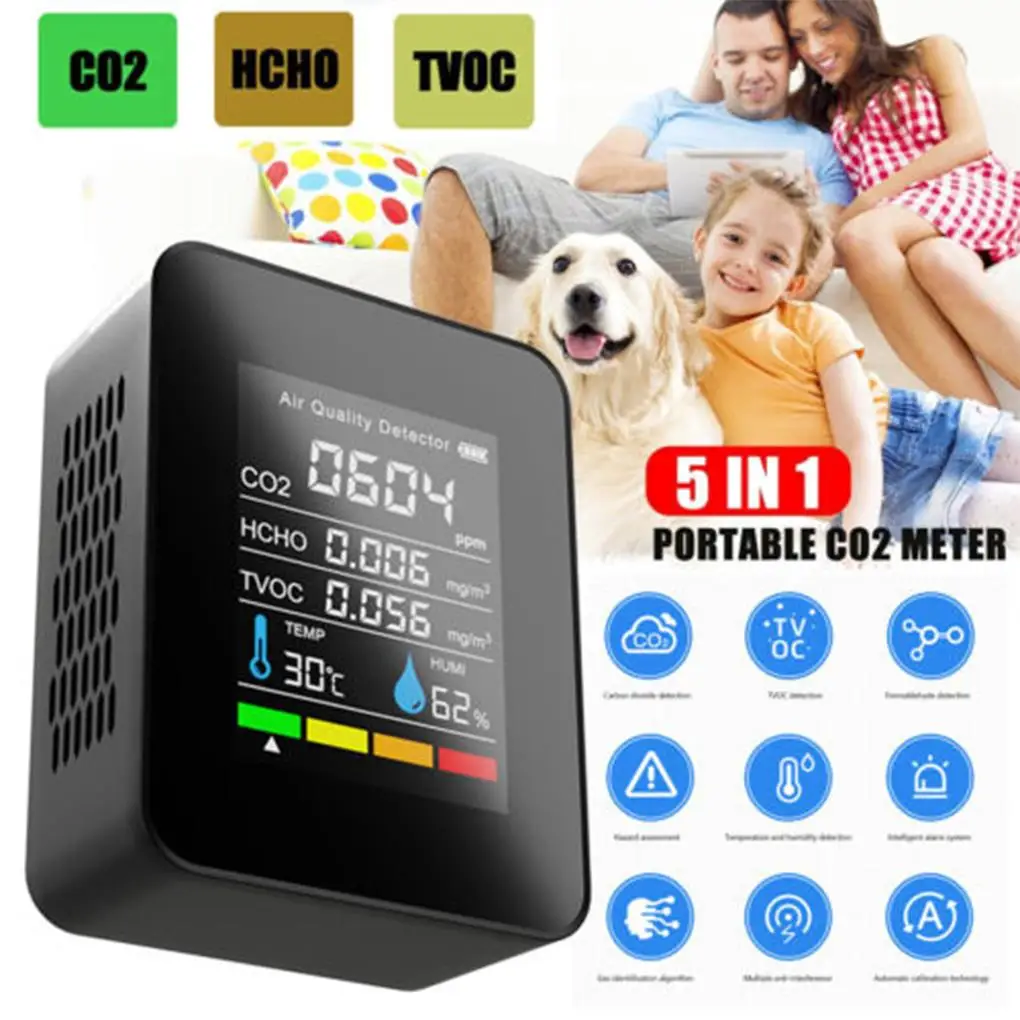 Air Quality Monitor 5 in 1 Indoor CO2 Detector Formaldehyde HCHO TVOC Tester LCD Temperature Humidity Tester Alarm CO2 Meter