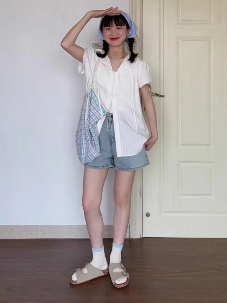 Damska bluzka w stylu Y2k z kołnierzykiem, bandażami, jednolita, codzienna, zapinana na guziki, grunge, luźna koszula Harajuku, streetwear, bluzki