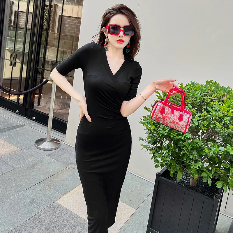 Summer New Women's Clothing Fashion V-neck Slim-fitting Dress Casual Temperament Hip-wrapped Dress