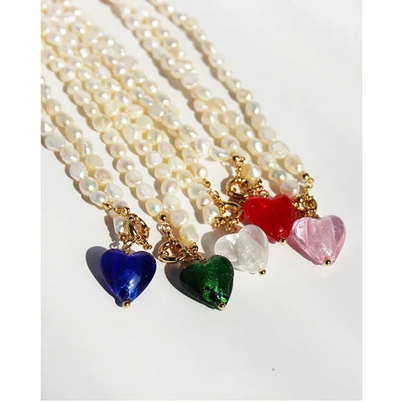 

Minar Dainty Oval Freshwater Pearl Beaded Choker for Women Blue Green Red Glass Love Heart Pendant Necklaces Wedding Jewelry