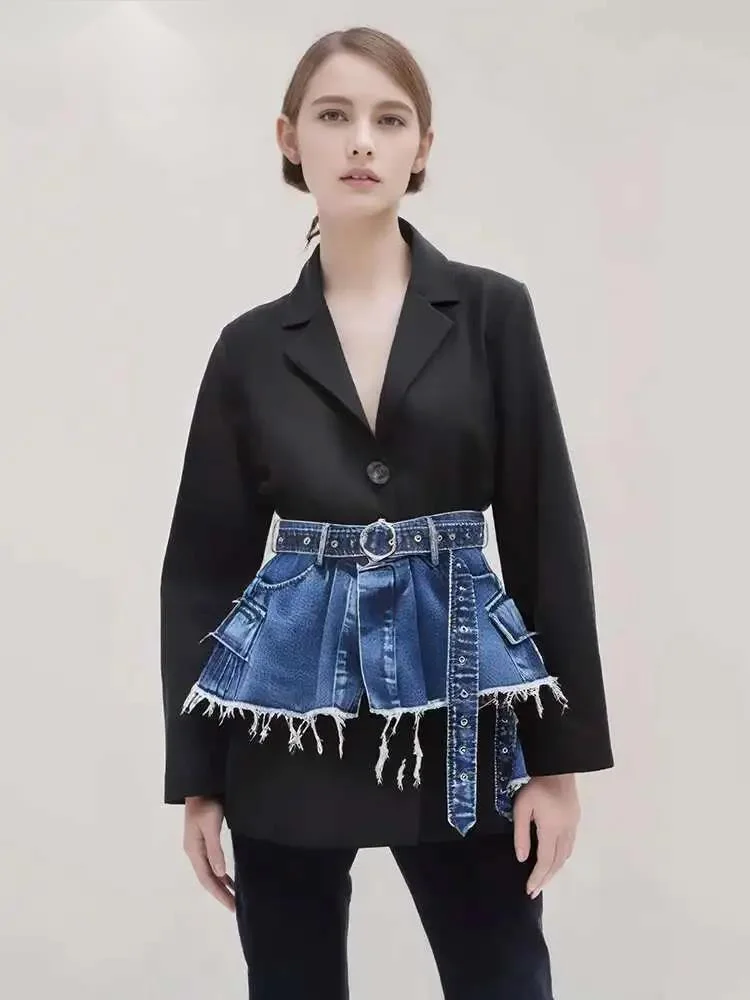 Fashion Denim Waistband Blazer Women's Lapel Loose Single Breasted Long Sleeves Black Suit Jacket Spring 2026 RNHD