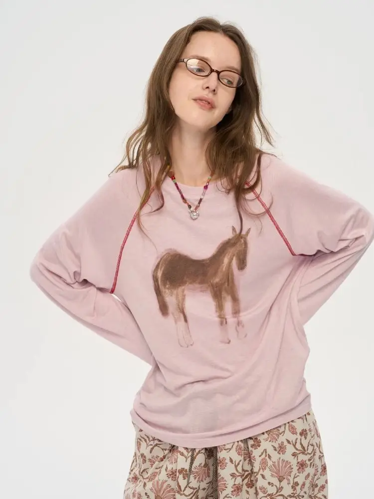 Hand Painted Animal T-Shirt Women 2025 - Raglan Sleeve Round Neck Long Sleeve Top, Fall Y2K Oversized Graphic Tee, Casual Loose