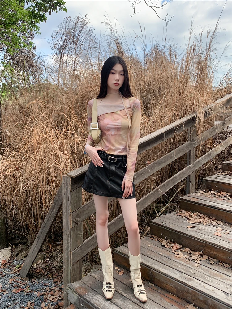 Genayooa Vintage Tie Dye T Shirt Women Flare Sleeve Mesh Tops Irregual Y2k Retro Crop Tops Streetwear Japanese 2000s Tshirts