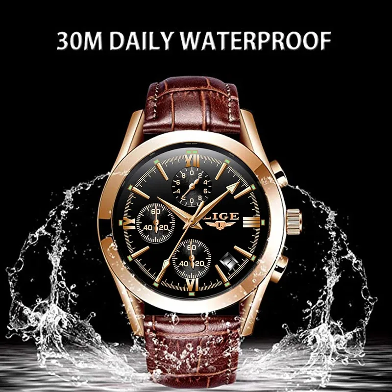 LIGE Fashion Luxury Military Quartz Watches for Men Original Casual Sport Big Chronograph Watch ​Waterproof Clock Wristwatch+Box