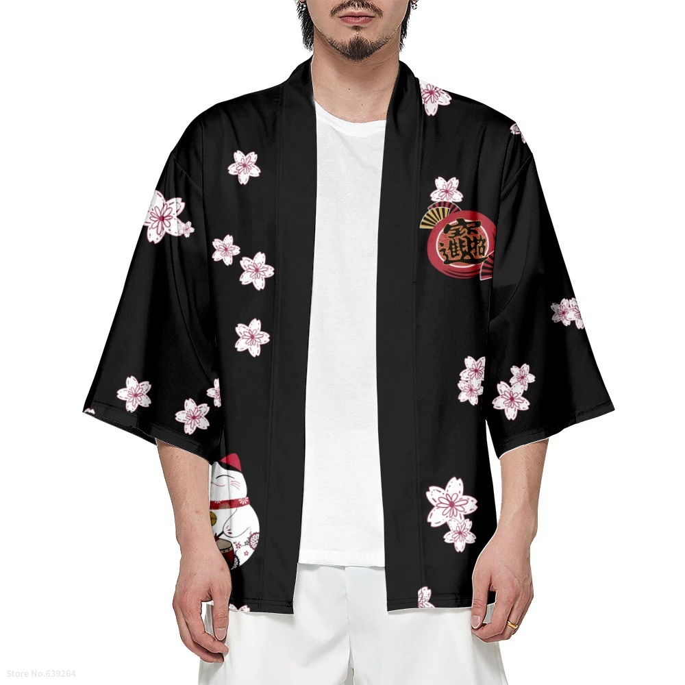 Fashion Beach Yukata Japanese Cartoon Lucky Cat Cardigan Kimono 2023 Women Men Harajuku Sakura Fan Print Haori Cosplay Shirts