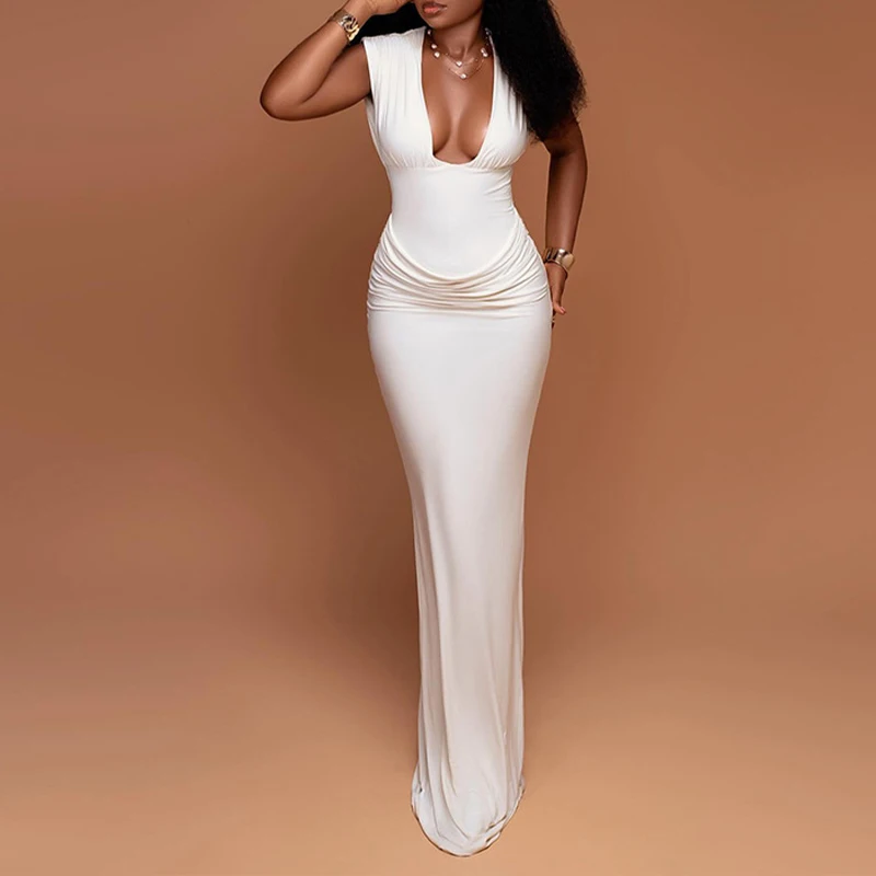 BKLD elegante temperamento cuello en V sin mangas ceñido al cuerpo plisado Color sólido paquete cadera vestido largo para mujeres fiesta Club ropa elegante