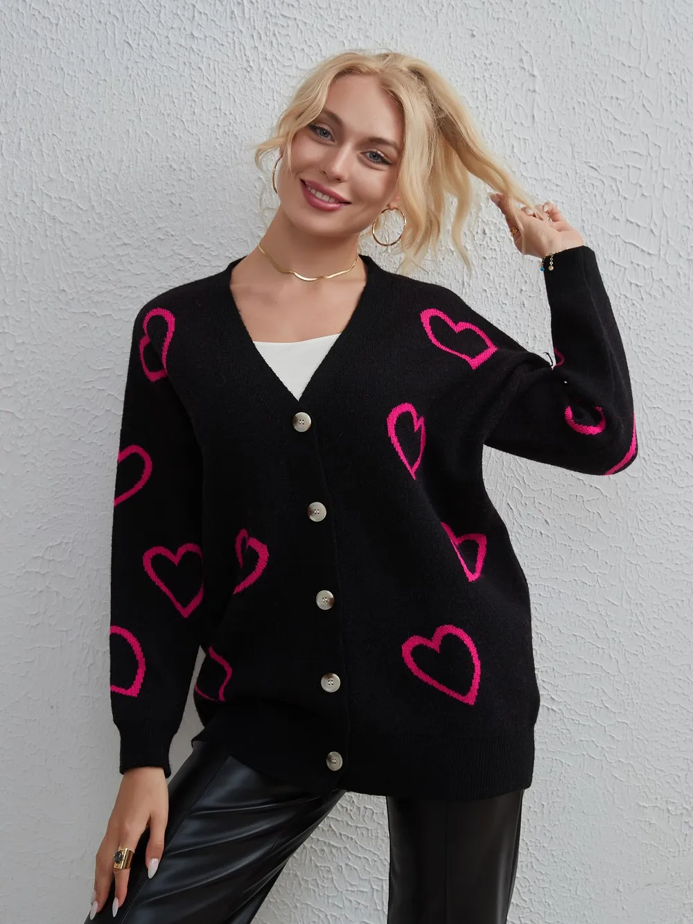 Wixra Women Knitted Cardigan Heart Print Single Breasted V Neck Oversize Sweater Loose Autumn Winter Casual Female Knitted Coat