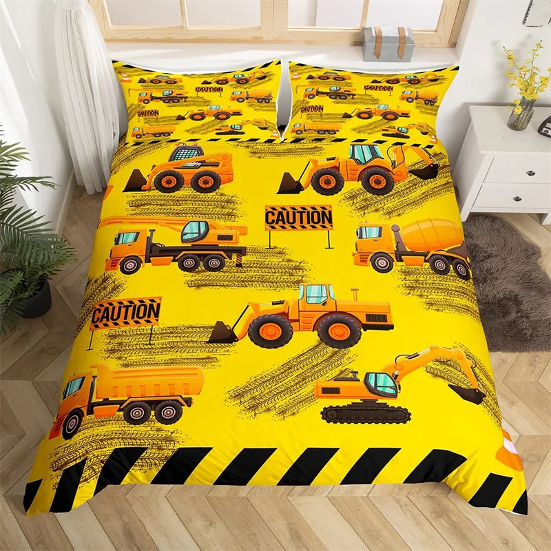 Kids Excavator Duvet Cover Set Twin Boys Equipment Trucks King Bedding Set Microfiber Construction Site Vehicle Car Quilt Cover