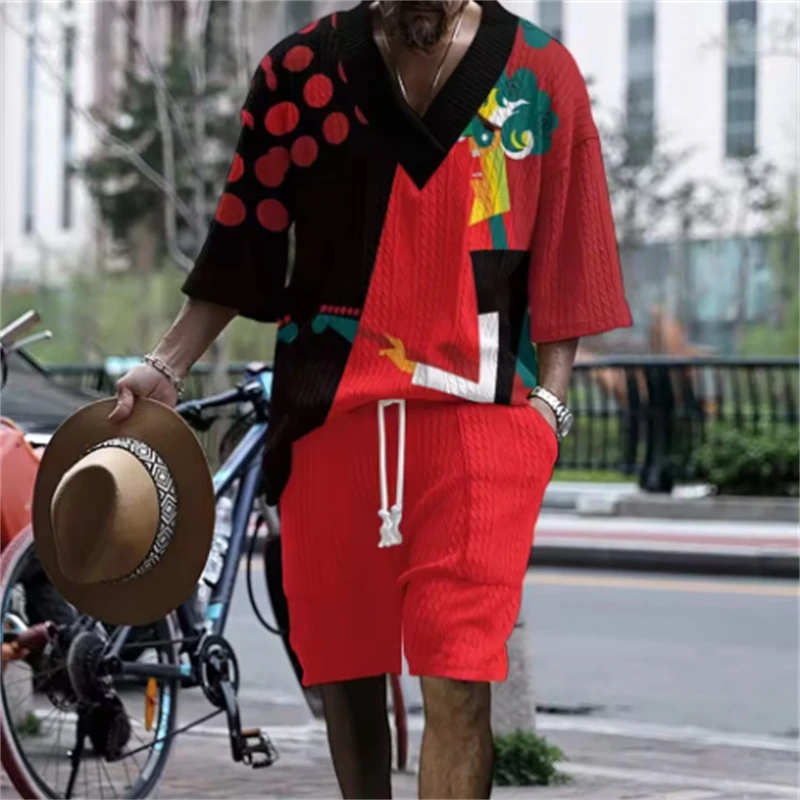 

2-piece men's V-neck jacquard short-sleeved suit, a casual and laid-back street outfit for daily use, comfortable for men