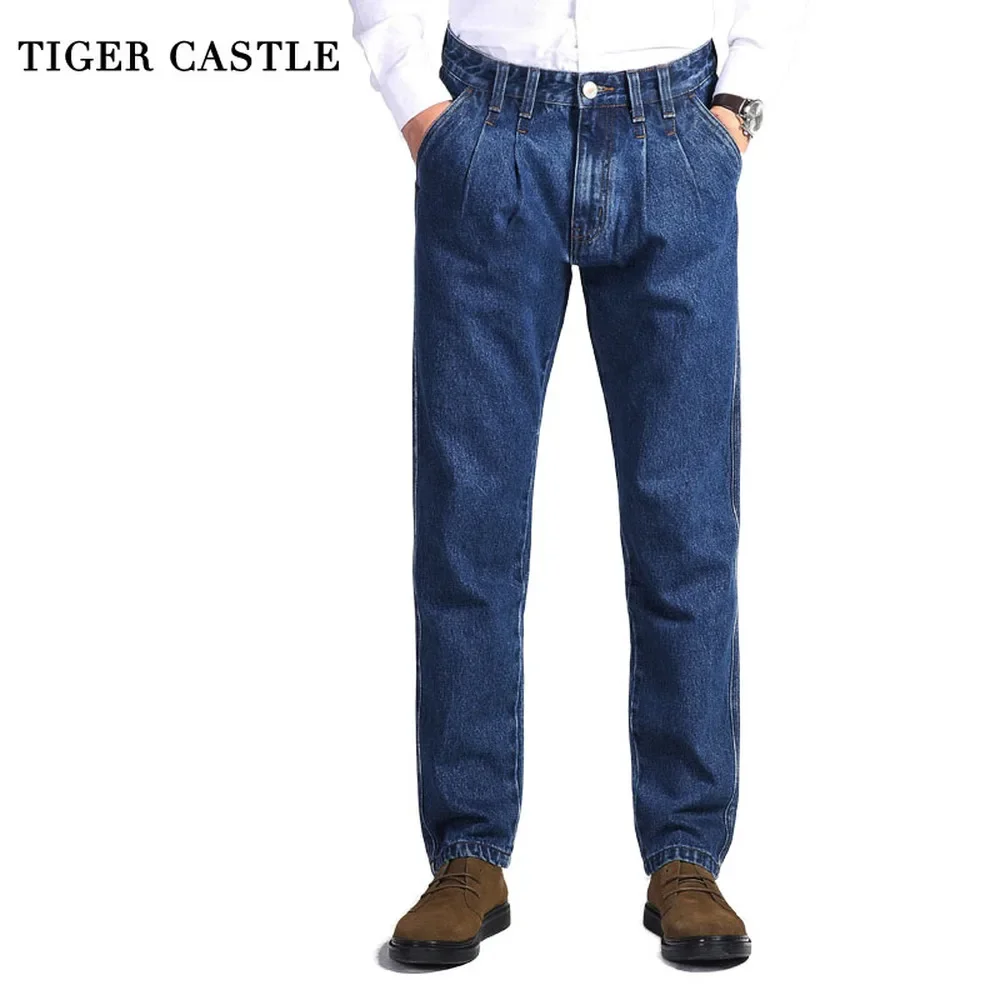 TIGER CASTLE Mens 100% Cotton Thick Jeans Denim Pants Fashion Blue Baggy Male Overalls Classic Long Quality Spring Autumn Jeans