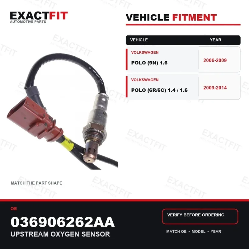 036906262AA Oxygen O2 Lambda Sensor Upstream for VW Polo 9N 6R 1.4 1.6 2006-2014 OE 4-Wire Before Catalytic Converter Direct Fit