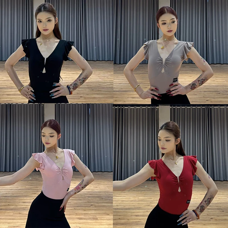 

Женский топ без рукавов с v-образным вырезом для латинских танцев, современные костюмы для выступлений, самба-чача, бальные танцы, одежда для латинских танцев для взрослых, DN21389