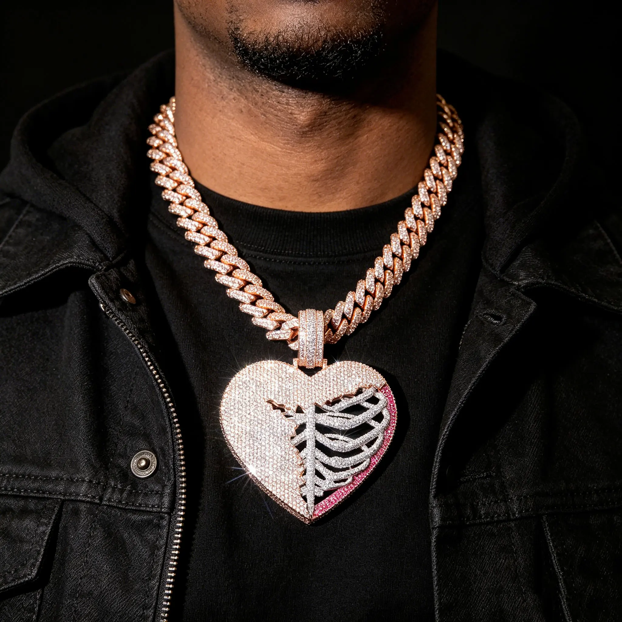 Iced Out Synthesis Zircon Broken Heart Skeleton Pendant, Two Tone Hip Hop Necklace, Men's Bling Gothic Jewelry for Gift Unique