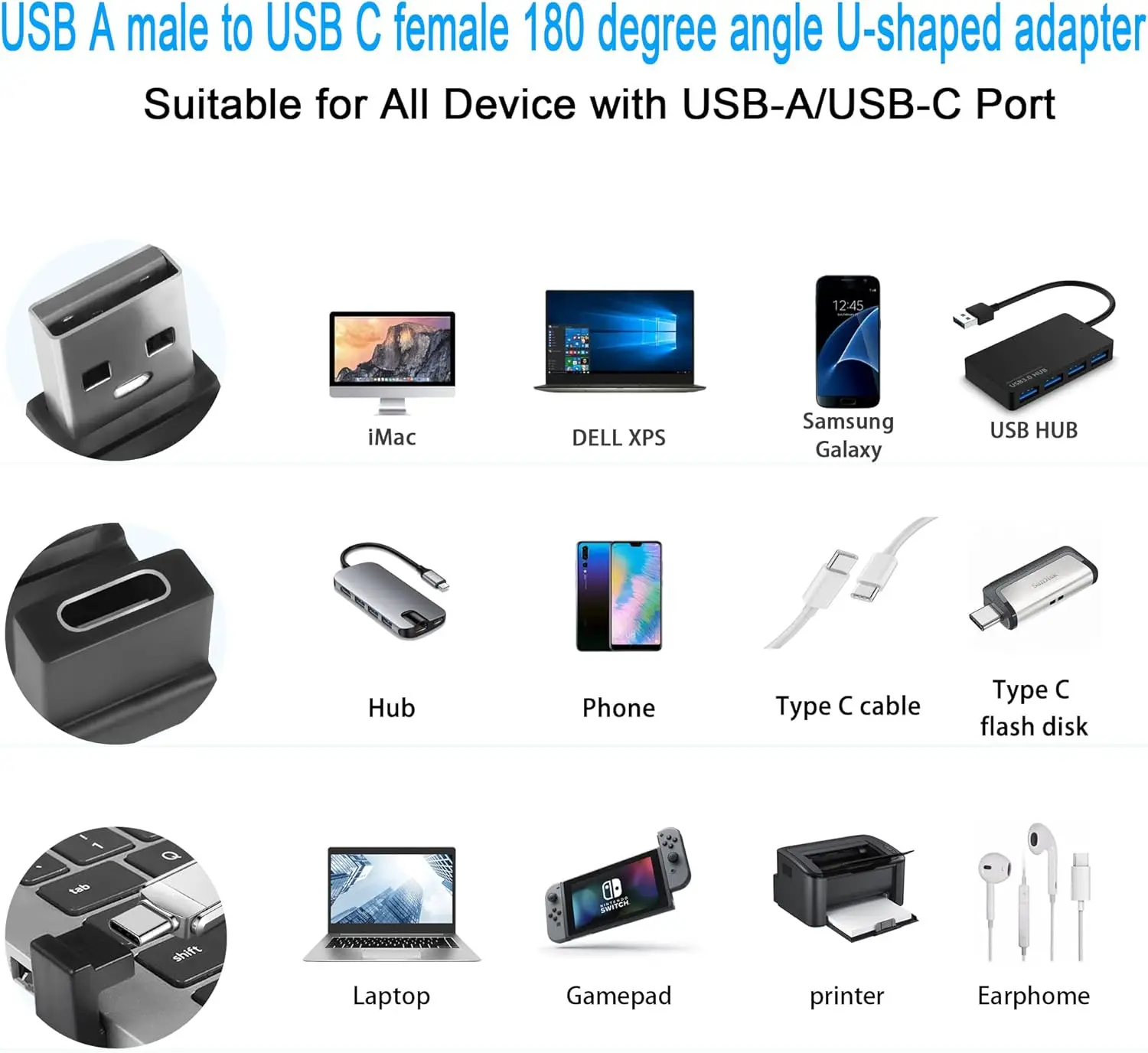 Conector USB A macho A USB C hembra, Conector de ángulo de 180 ° para carga 3A, transferencia de datos OTG, para ordenador portátil y tableta, 2 piezas, 10Gbps