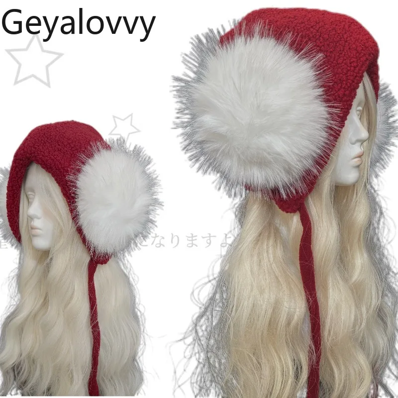 

Рождественская новогодняя шапка-ушанка с красным ягненком для женщин, осенне-зимняя милая милая универсальная уличная теплая шапка-бомбер для девочек
