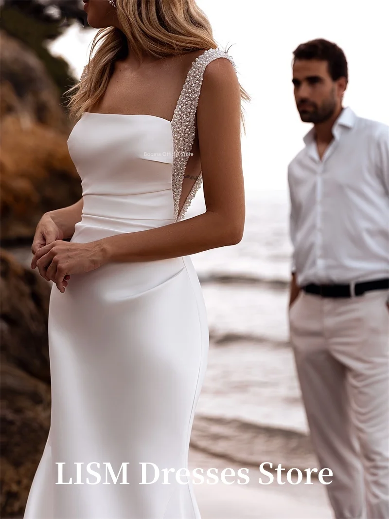 LISM Meerjungfrau Einfache Perlen Brautkleider Ärmellos Lange Spaghettiträger Seidensatin Elegantes Brautkleid Benutzerdefinierte Robe de Mariée