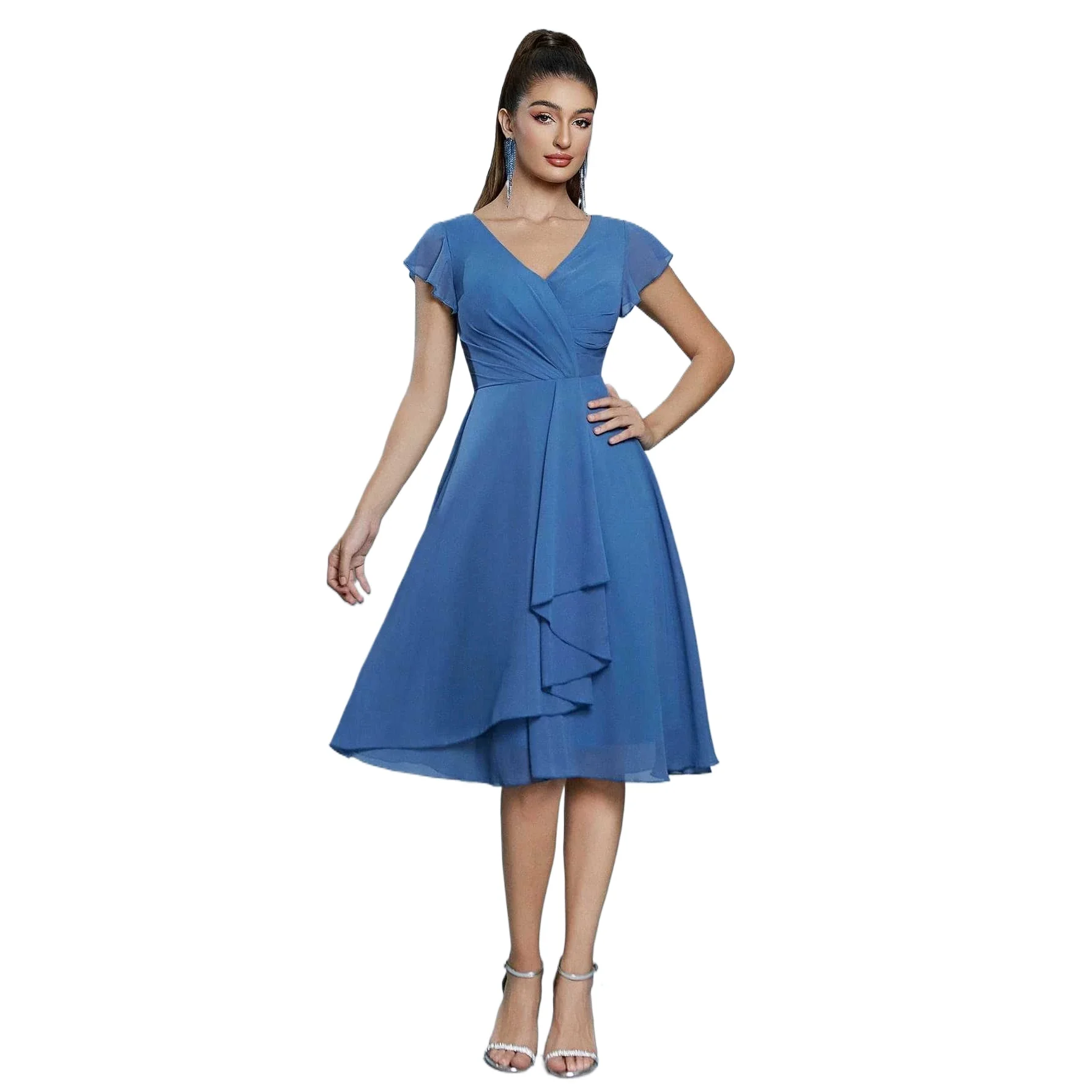 

Elegant V-neck Ruffles Ruched Knee Length Bridesmaid Cocktail Party Dress Blue