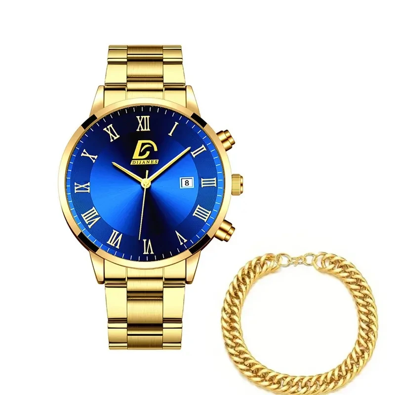 Reloj Hombre Fashion Men Gold Two-piece Business Watch Mens Stainless Steel Bracelet Watches Men's Calendar WishWatch