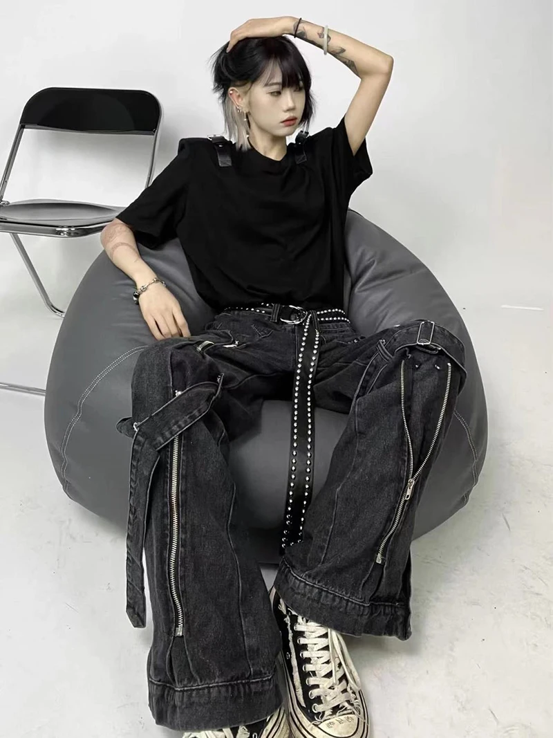 Reddaschic-pantalones de moda Acubi para mujer, Jeans holgados negros con abertura de cremallera, 2 tiras, Cyberpunk Y2k, pantalones góticos Grunge