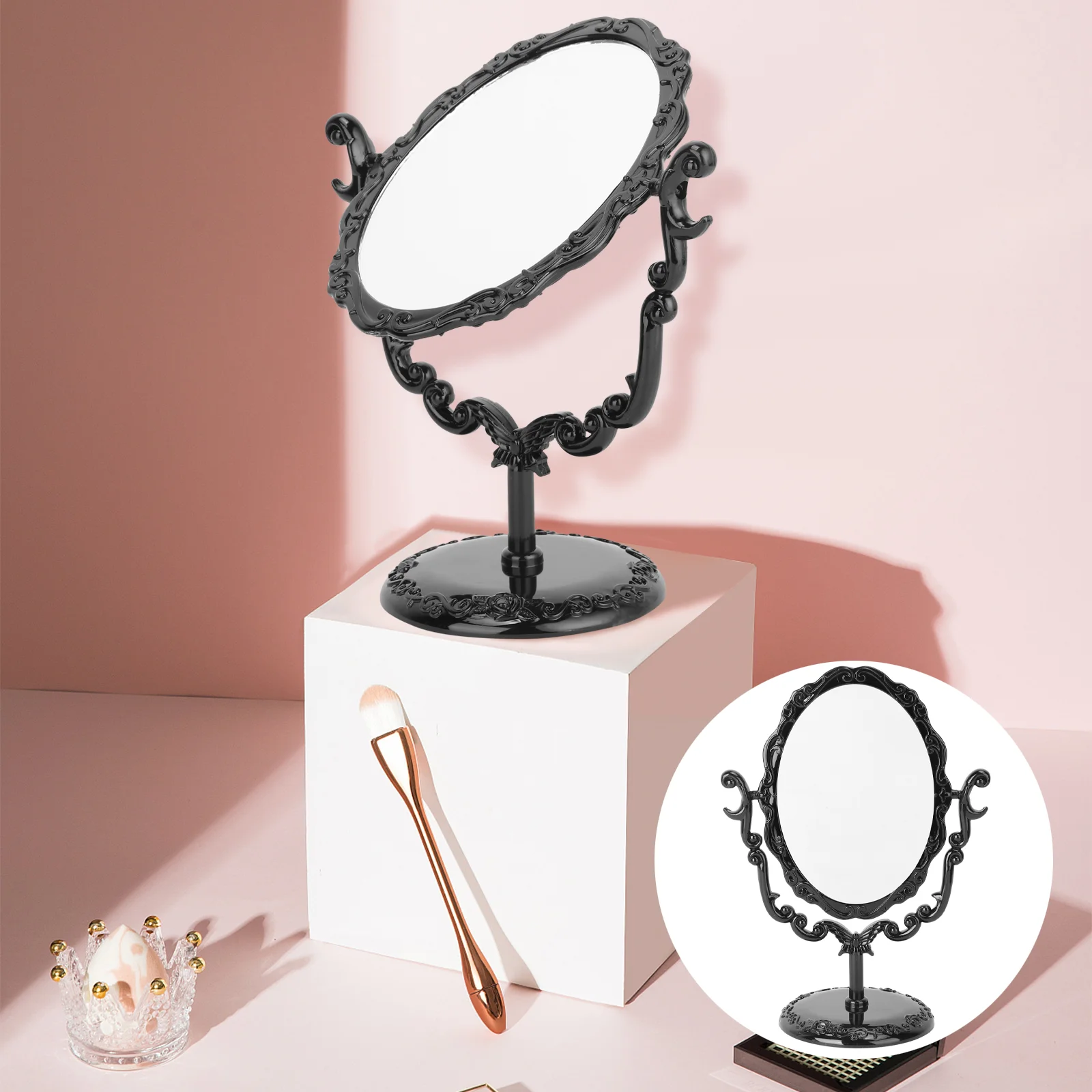 

Rotatable Mirror One Side Makeup Light Irregular Desktop Vintage Comestic Miss Black
