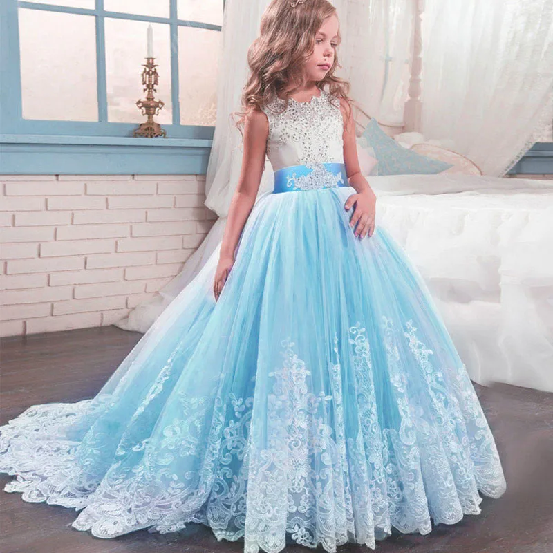 Vestidos de princesa para niña, apliques de encaje, longitud hasta el suelo, fiesta de cumpleaños, primera comunión