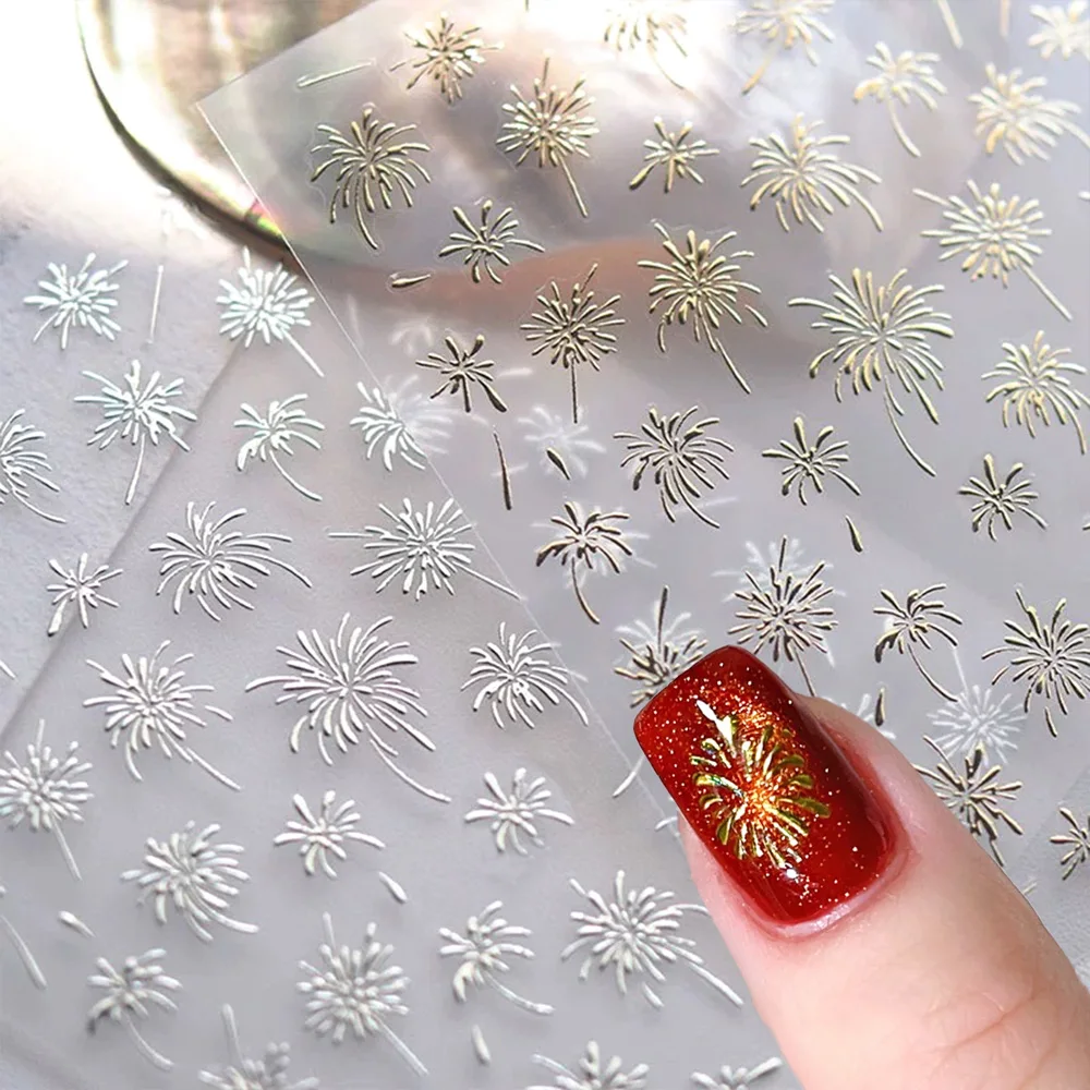 

3D Gold Silver Fireworks Nail Art Stickers New Year Glitter Self-Adhesive Blooming Firework Design Nail Decals DIY Manicure Deco