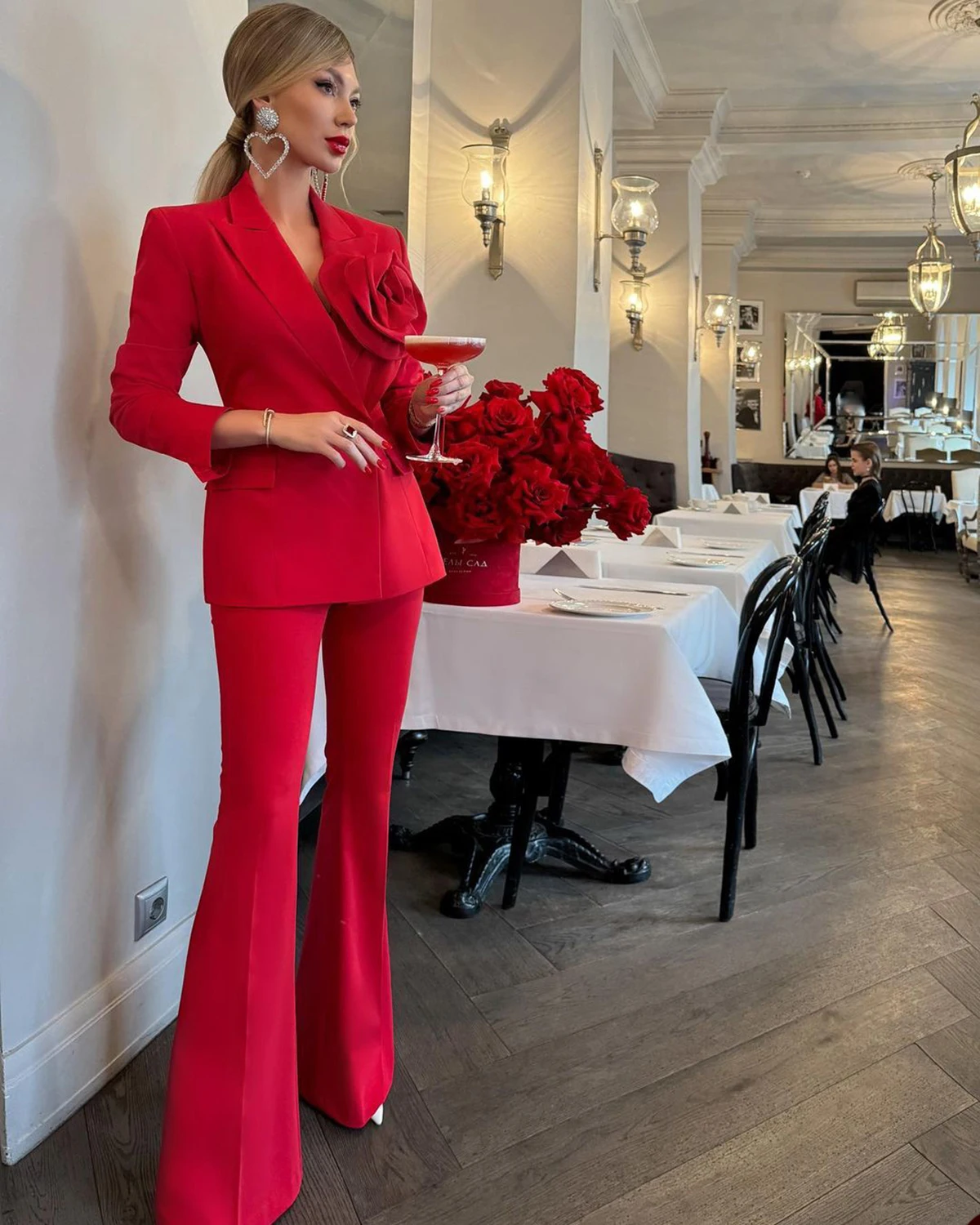 Red Women Office Suits Set Customized 2 Pieces Blazer+Flare Pants 3D Flower Formal Business Cotton Prom Jacket Trousers