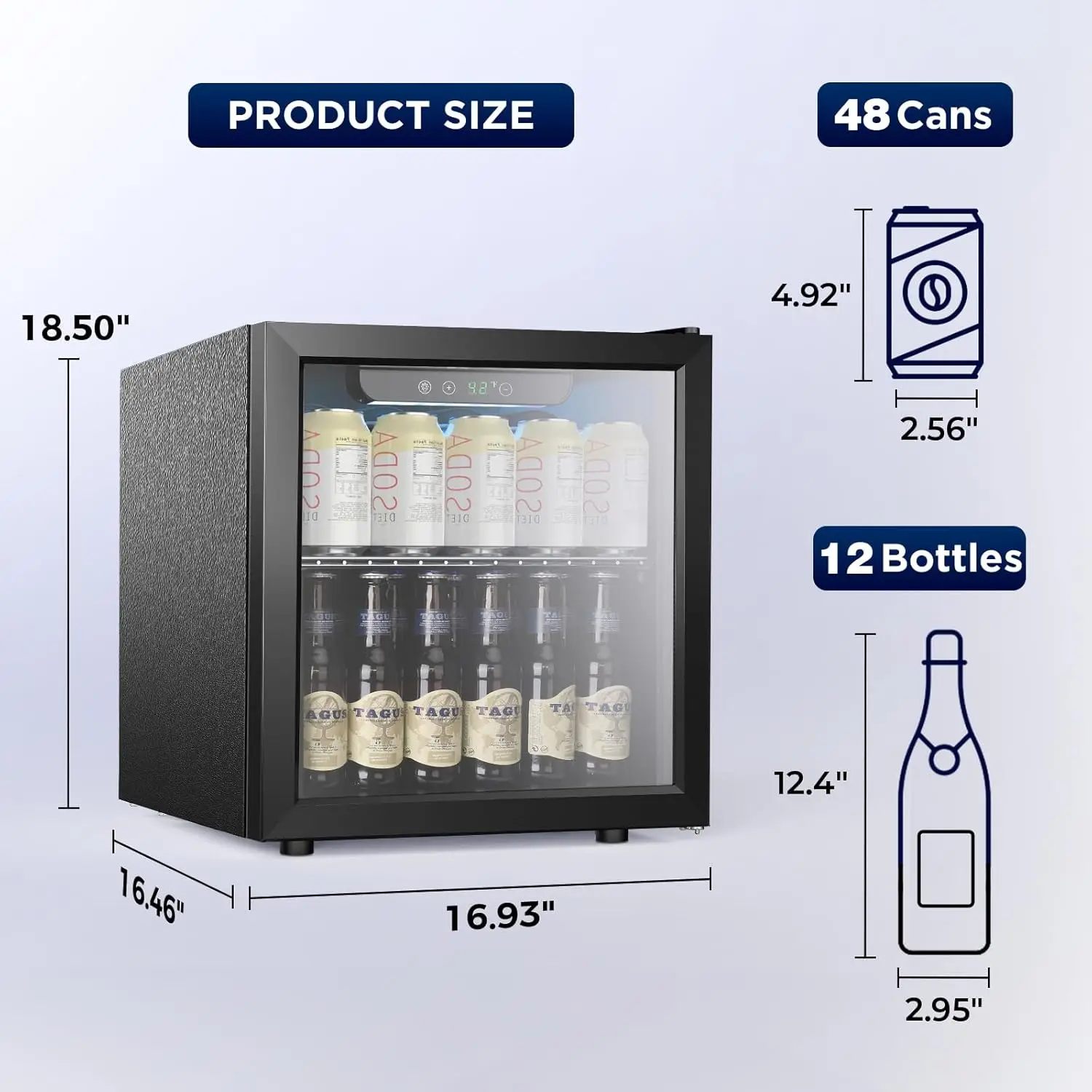 Cooler, 12 Bottle/48 Can Beverage Refrigerator, Mini Fridge Glass Door with Adjustable Shelves, Digital Temperature Display, Fre