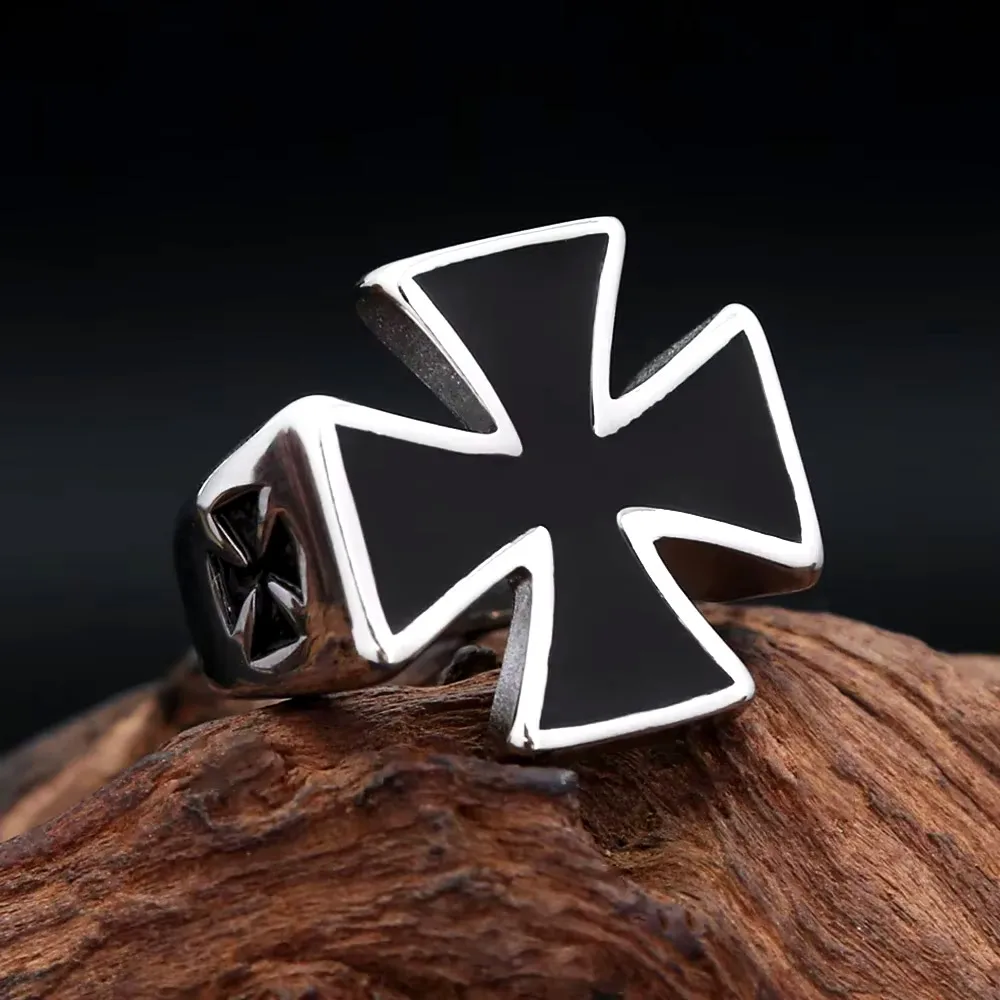 Black Enamel Templar Iron Cross Stainless Steel Ring Armor Shield Biker Punk Hip Hop Fashion Jewelry Party Gift For Men Women