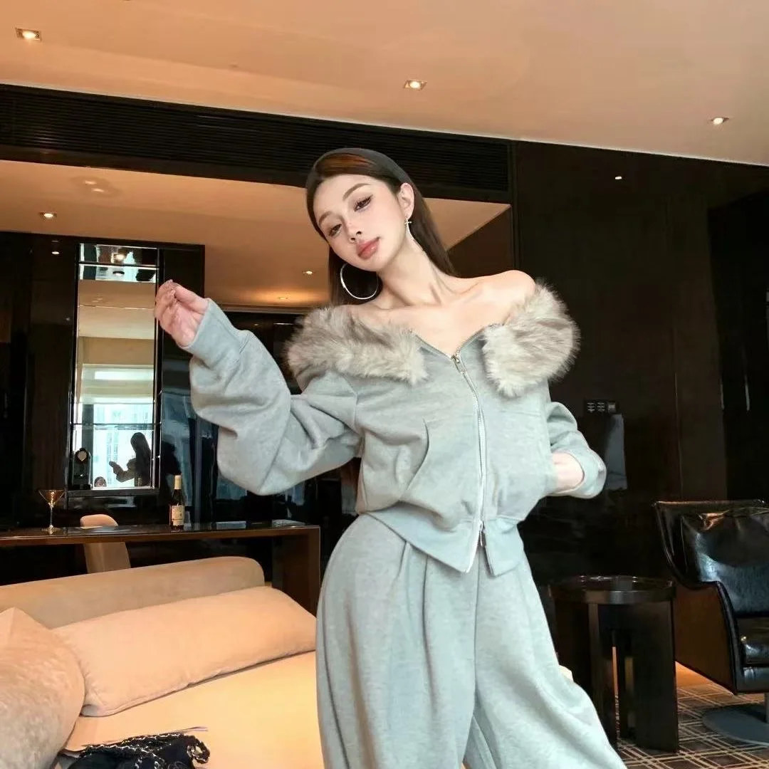 

Fall Winter 2025 Women's Ele Zipper Closure Long Sve Furry One oulder Top And Wide Leg Pants Two Piece Set Casual Ou...