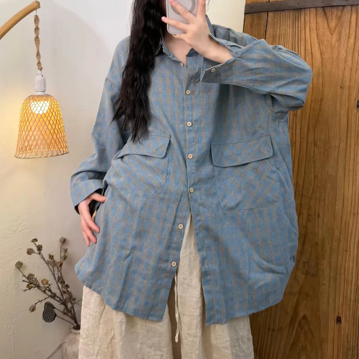 SuperAen Color-blocked Plaid Mid-length Shirt 2026 Spring and Autumn New Simple Korean-style Polo Neck Loose Casual Cardigan Top